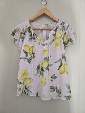 Joie Pink Lemon Print Blouse Top Flouncy  Cap Sleeves Italian Summer Doce Vita M